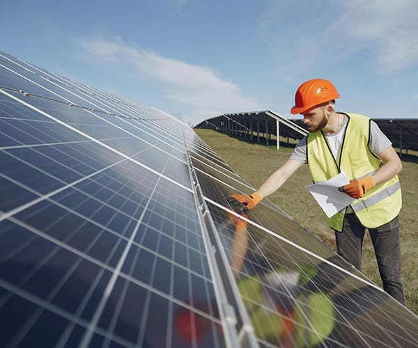 a man in a yellow vest and orange helmet standing next to solar panels